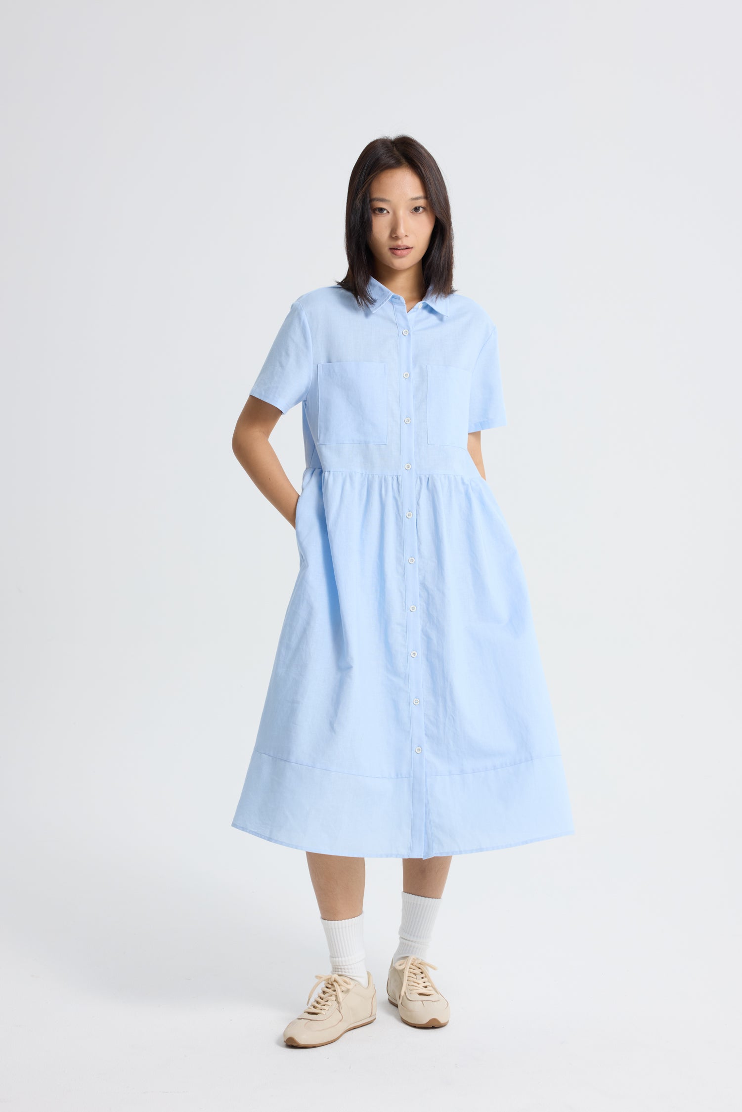 Gathered Short Sleeve Dress - Sky Blue