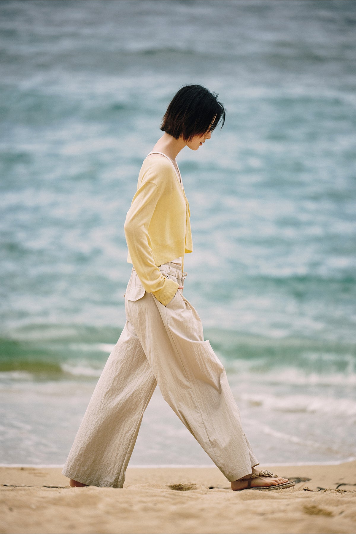 A sun-bleached knit and a wide, easy trouser.